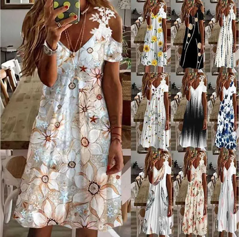 Casual Kleider Designer -Kleid 198# Frauen Sommer Neue Schulterspitze kurzärmeled bedrucktes Kleid Plus Size Kleider