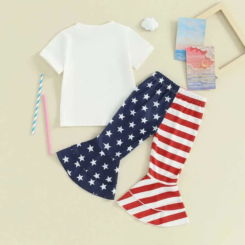 Kleidungssets Kleinkind Baby Mädchen 4. Juli Outfit Kurzarm T -Shirt Top Stars and Stripes Glockenboden Hosen Kleidung Set H240508