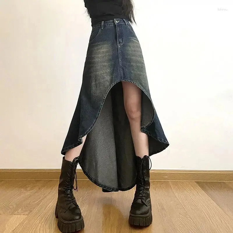 Юбки весна и летняя американская ретро -расстроенная нерегулярная джинсовая юбка длинная женщина с высоким талию