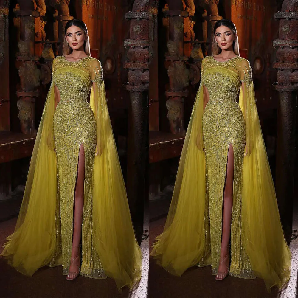 Lang prachtige juweel zeemeermin jurken ontwerper prom mouwen kanten appliques zijkant split backless tule plus size op maat gemaakte feestjurk Vestido de noite