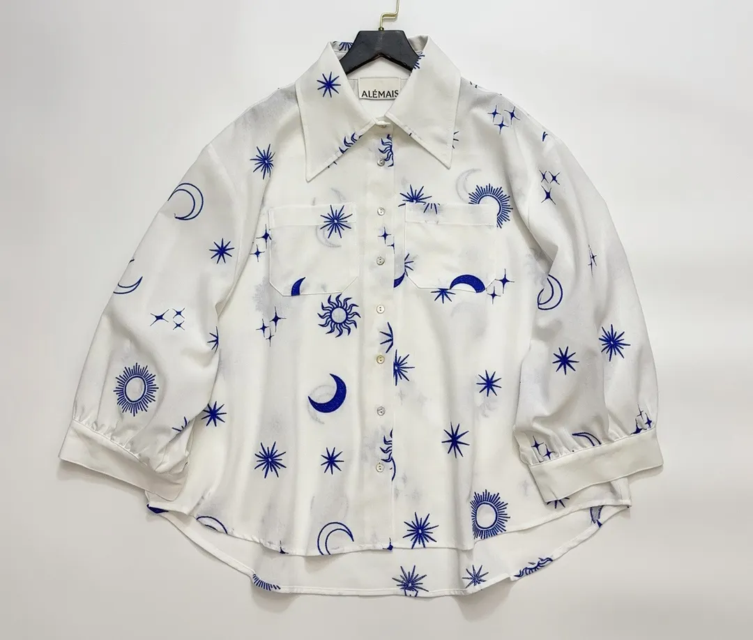 2024 New White Linen Blended Star Moon Embroidered Loose Shirt