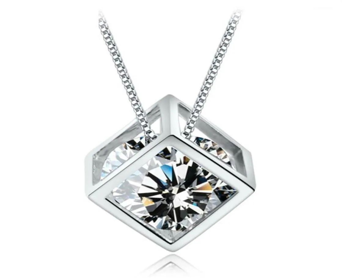 925 Sterling Silber Gegenstände Schmuck Hochzeit Halsketten Vintage Kristallschmuck Quadratische Würfel Diamant Anhänger Statement Halsketten257e6878733