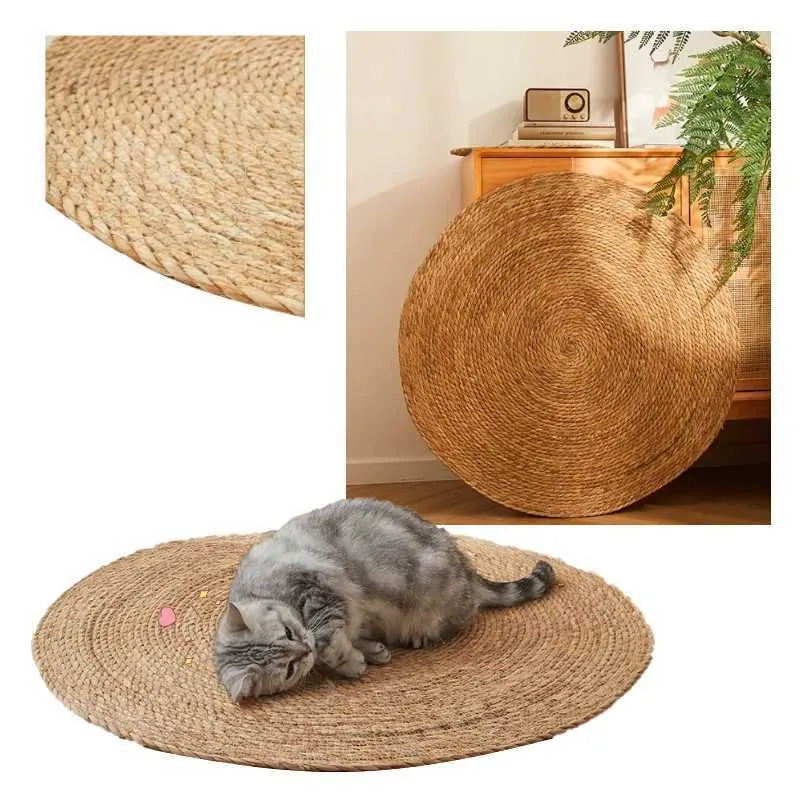 Lits de chats meubles pour animaux de compagnie litière de chat rond à main tissé rotin chiot chat nid de refroidissement d'été chaton grattant mat coton corde lavable d240508