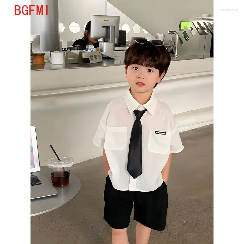 Vêtements Ensembles adolescents garçons Été Set Children's Wear Thin 2024 Beau style britannique Boy Blanc Coton Coton Shirt à manches courtes Shorts noirs Tie