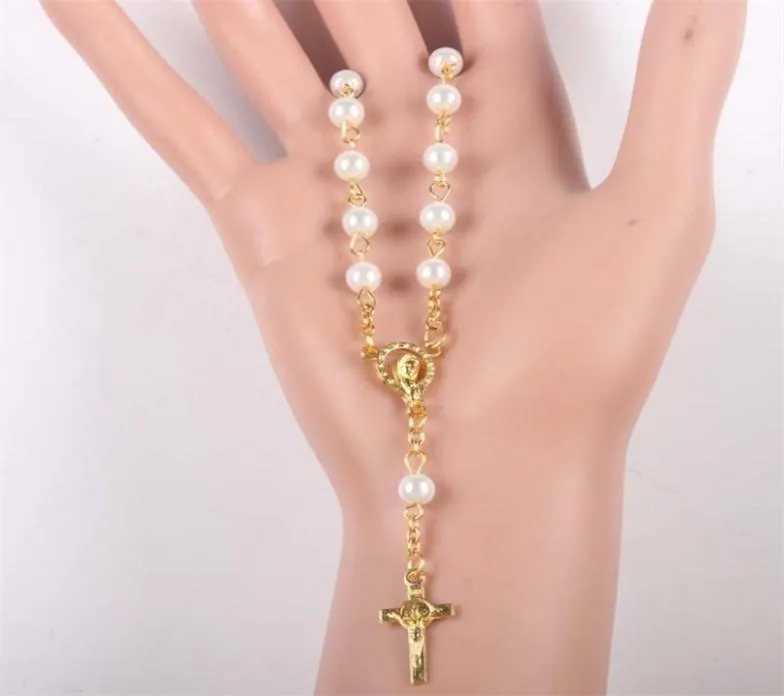 Religiös vintage bön Kvinnor Christian Bead Chain Glass Pearl Katolska radbandsarmband Guldfärg 2110146891740