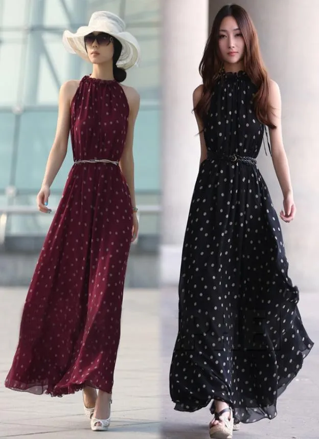 Women Fashion Chiffon Dress Wave Point vormde lange jurken kraag mouwloze losse maxi jurk zomer casual jurken twee kleuren voor 4759050