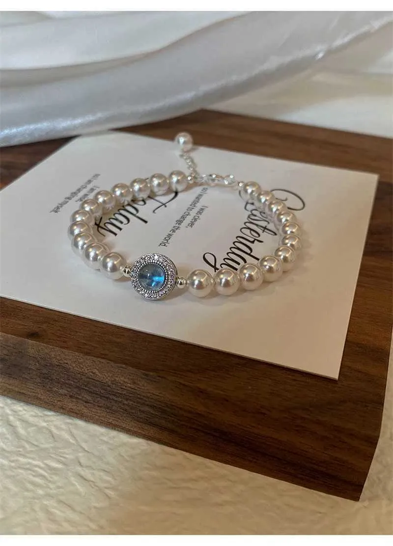 Bangle Elegant Aquamarine Gemstone Zircon for Women Round Sier Color Rhinestone Pearl Bracelets Wedding Jewelry Gift_ipsvogv.com