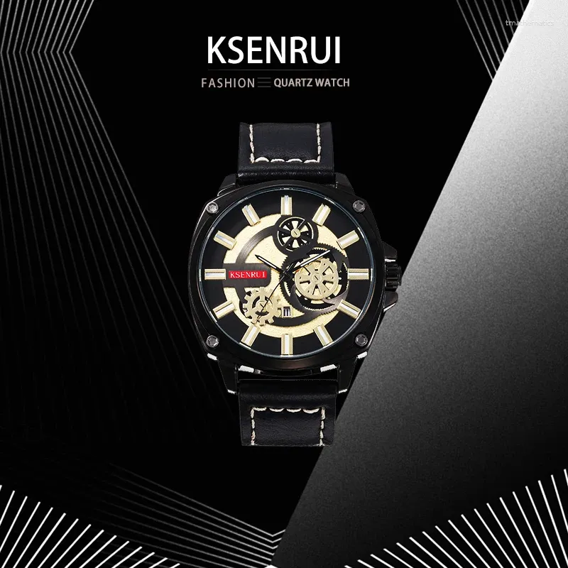 Montre-bracelets Ksenrui Personalit Noble Luxury Men Quartz Watch Date Semaine Lumineuse en relief en relief en cuir masculin Sport pour hommes