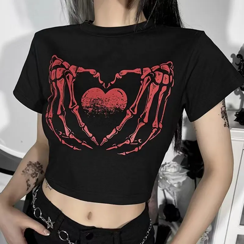 Kvinnors Black Street Cyberpunk Subcultural Top Street Love Skull Print BM Style Dance Spicy Girl Open Navel Short T-shirt Women