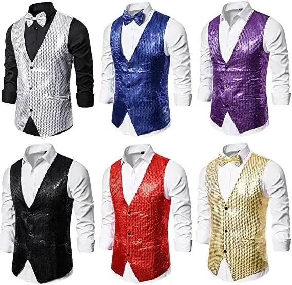 Männliche Paillistin Blazer Button Weste Coat Weste mit Fliege Krawatte Fashion Mens Business Evening Hochzeitsfeier Glitzer ärmellose schlanke Weste 240507