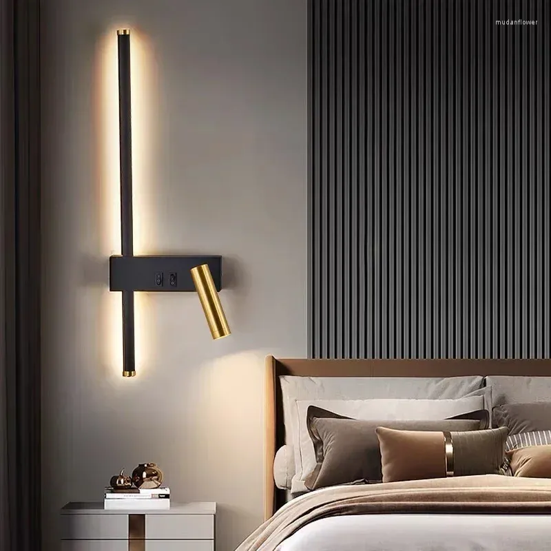 Lampada a parete LED nero LED Nordico Creativo Creativo Cambia del letto Sfondo Decorativo Luci decorative Lettura con pulsante di interruttore