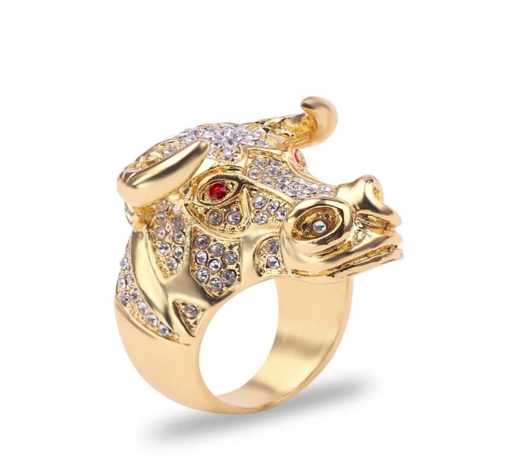 Punk Hip Hop CZ Big Ring Chunky Black Bull Ochse mit goldenen Farben Hörnern Strauchsteine Schmuck für Unisex Männer Frauen FODE4038278