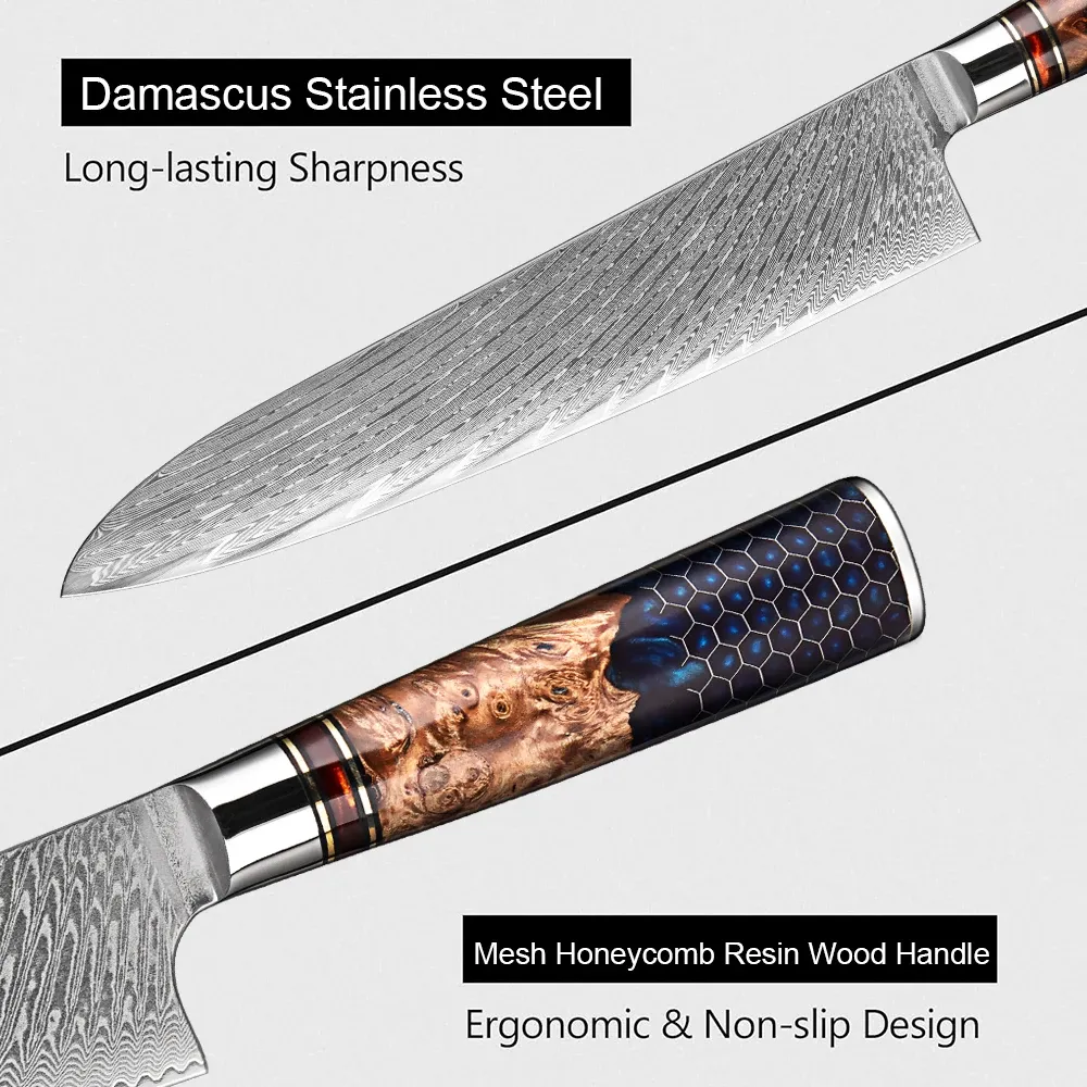 9 Inch Damascus Chef Knife Pro sharp Kitchen Knife Japanese VG10 Steel Cooking Knife Full-Tang Japanese Style Chef Knife