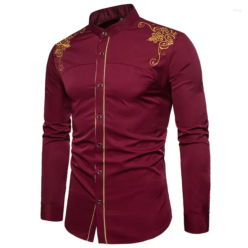 Camicie casual maschile 2024 Spring Royal Court Style Solido abito ricamato floreale Slip Slip Long Maniche
