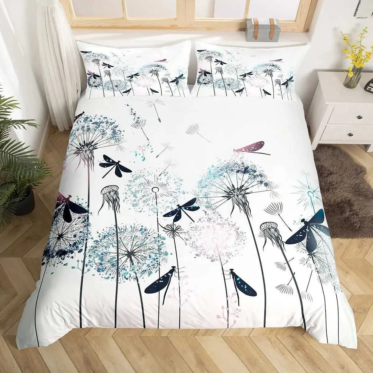 Sängkläder sätter färgglada maskros sängkläder set 3st för barn vuxen rum decornatur flygande djur växter tröstare täcker moderna boho sängkläder j240507