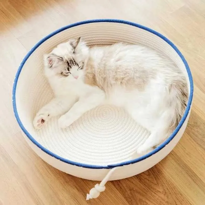 Łóżka dla kota meble japońskie łóżek dla kota okrągłe ręcznie robione tkane łóżka rattanu kota letnie chłodzenie kociąt koszyk bawełniany kota kota kosze D240508