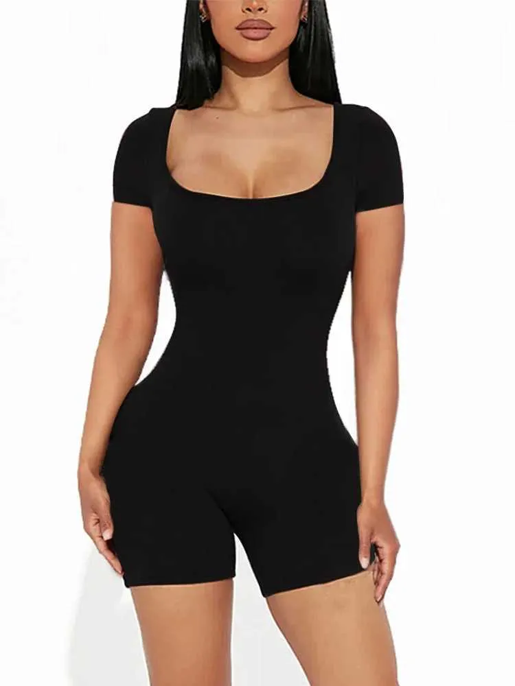 Dames jumpsuits rompers 2023 dames sexy solide short sle crew nek nek high taille bodycon jumpsuit short onesies romper yoga workout gym jumpsuits d240507