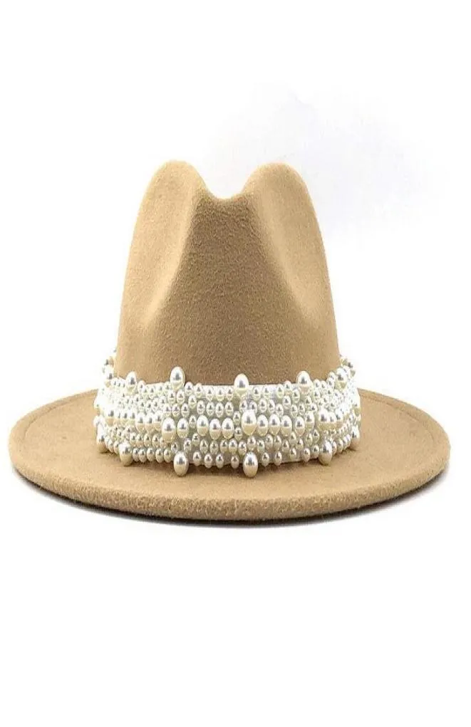 Wool Jazz Fedora Tophoeden Casual Women Pearl Ribbon Filt Hat Panama Trilby Formal Party Cap 5861cm 17 kleuren155354444