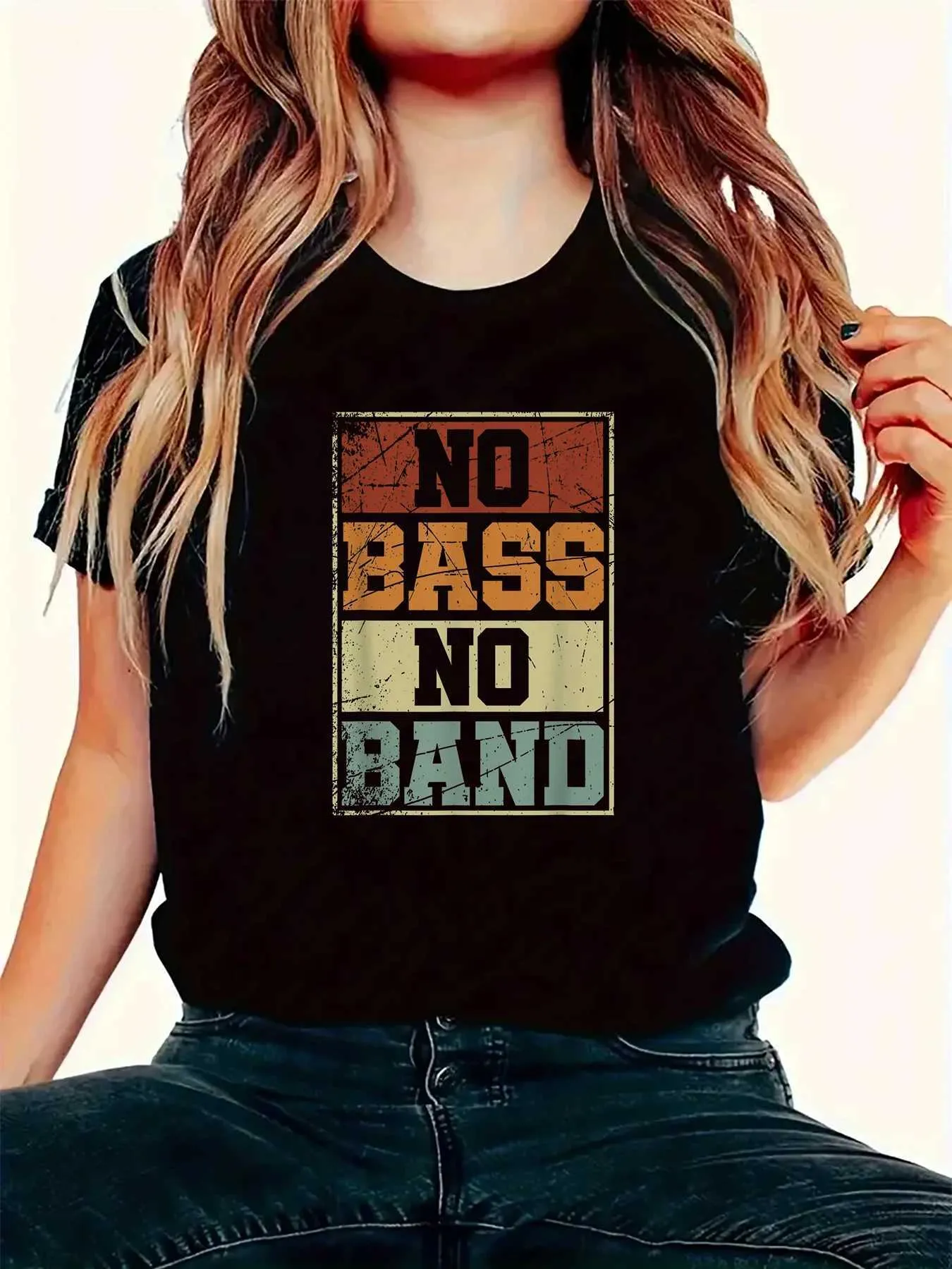 Kadın T-Shirt Kadın Bas Yok Band Bas Oyuncu Baskı T-Shirt Moda Kadın Takımı Kısa Sökülmüş Yuvarlak Boyun T-Shirt Büyük boy Tişört Y240506