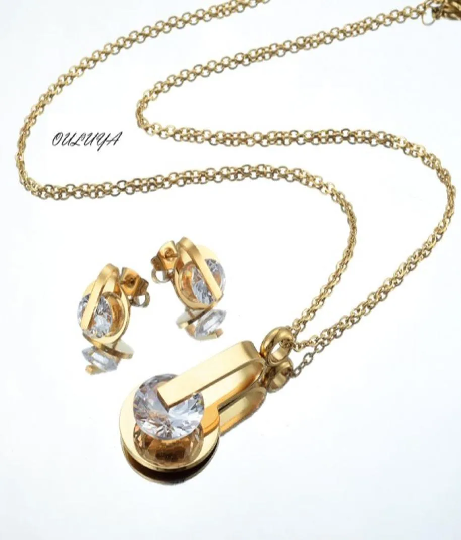 Ouruya Luxury Gold Color Women Necklace Orecchini in acciaio inossidabile Set di gioielli da sposa Ouluya9916194