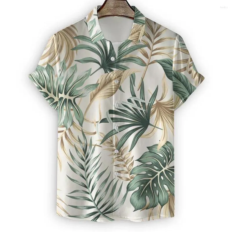 Mäns casual skjortor plus size sommar kort hylsa skjorta tropiska bladtryck hawaiian strand manlig blus för män