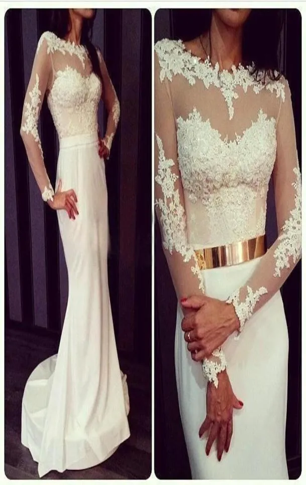 Witte chiffon kanten Appliques prom jurken lange mouwen met gouden metalen riem 2019 sexy zeemeermin feestjurken avondkleding goedkoop8472893