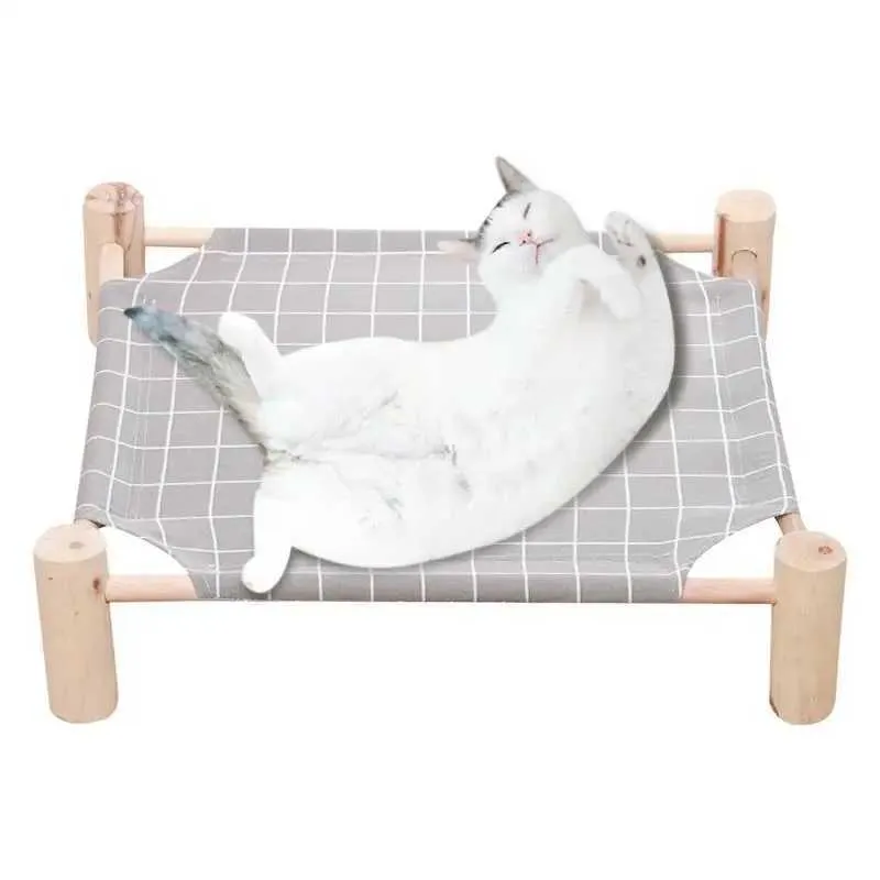 Kattbäddar möbler förhöjda husdjurssäng kylning avtagbar trä upphöjd hund barnsängar trä hängmatta säng andningsbara husdjur möbler för alla säsonger katter d240508