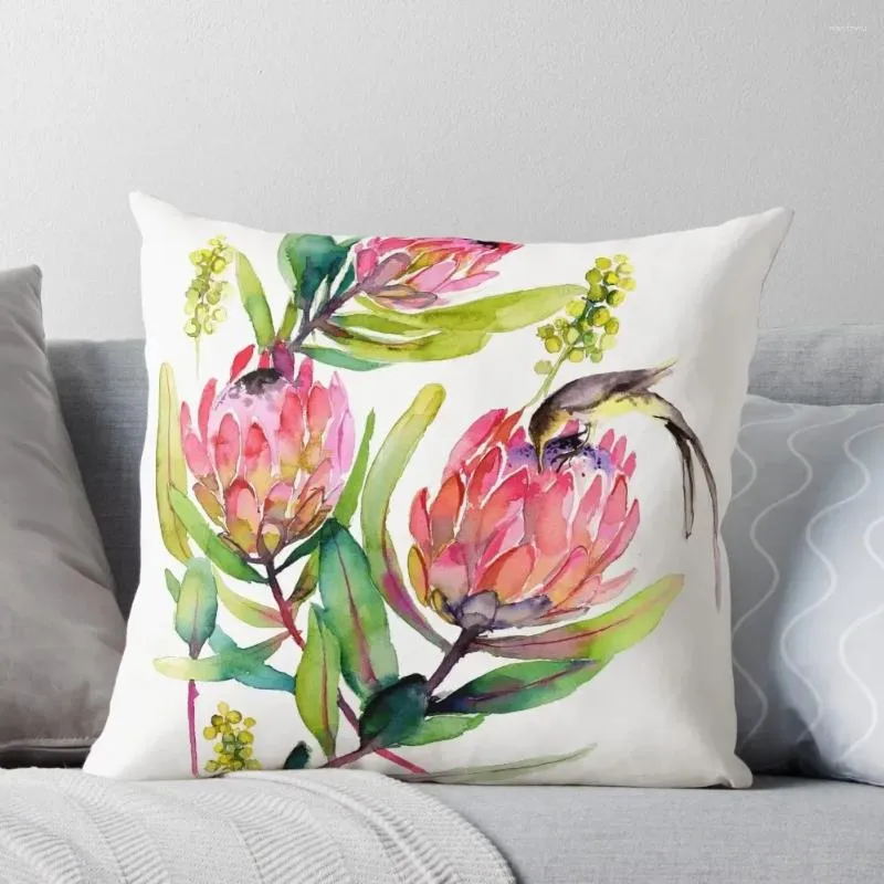 Kissen rosa Protea und Vogel -Aquarellmalerei große Blüten werfen Deckbedeckungen für Sofas Gehäuse Weihnachten