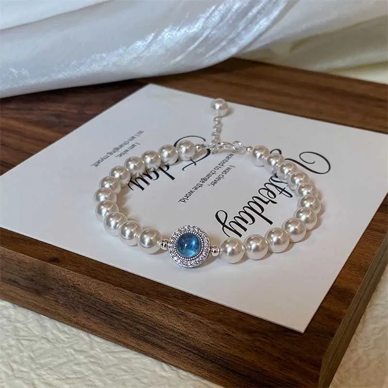 Bangle Elegant Aquamarine Gemstone Zircon for Women Round Sier Color Rhinestone Pearl Bracelets Wedding Jewelry Gift_ipsvogv.com