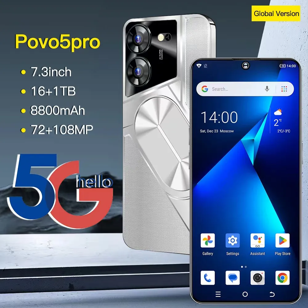 2024 POVO5PRO Android Smart Global Inglês Telefone de 7,3 polegadas 8800 mAh Suporte de bateria grande cartão de telefone dual Android 13 Suporte OTG Face Touch Desbloqueio barato