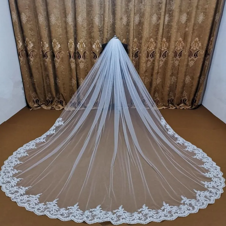 Bridal Veils Real POS 5M Tiul Lace Cathedral Long Wedding Bride Zasłona biała metalowa i kości słoniowa Akcesoria Veu de Noiva 271v