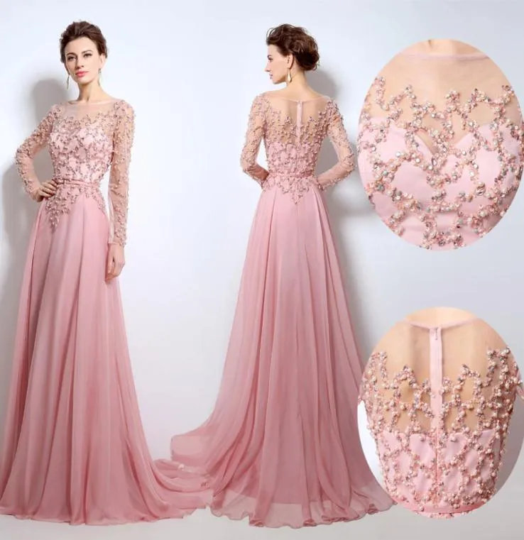 Nieuwe aankomst 2019 Blush Pink Prom Dresses Aline Bateau Lange mouw vloerlengte Illusie Kraagkraag Chiffon Kralen Sash Tiered 8890858