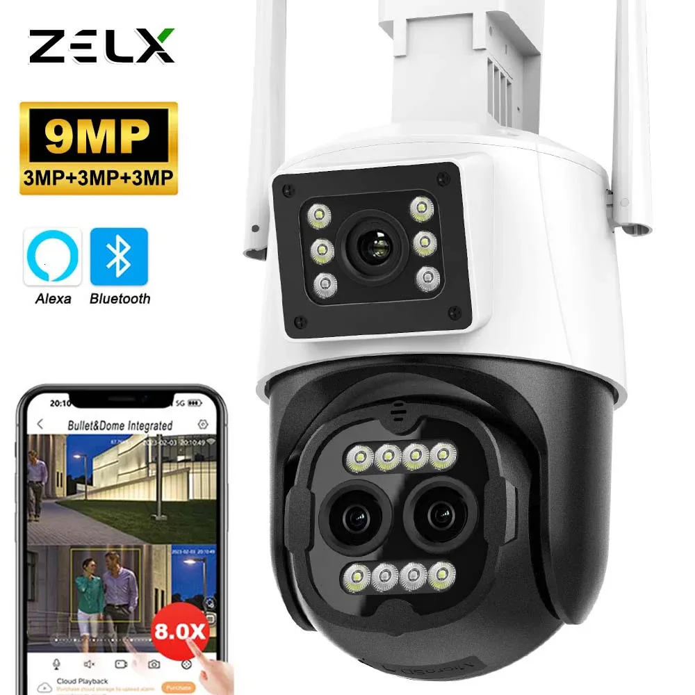 9MP 4K HD WiFi IP -kamera utomhus 8x Zoom Tre lins Dual Screen PTZ Cam Auto Tracking 8MP Security Video Surveillance CCTV Alexa 240422