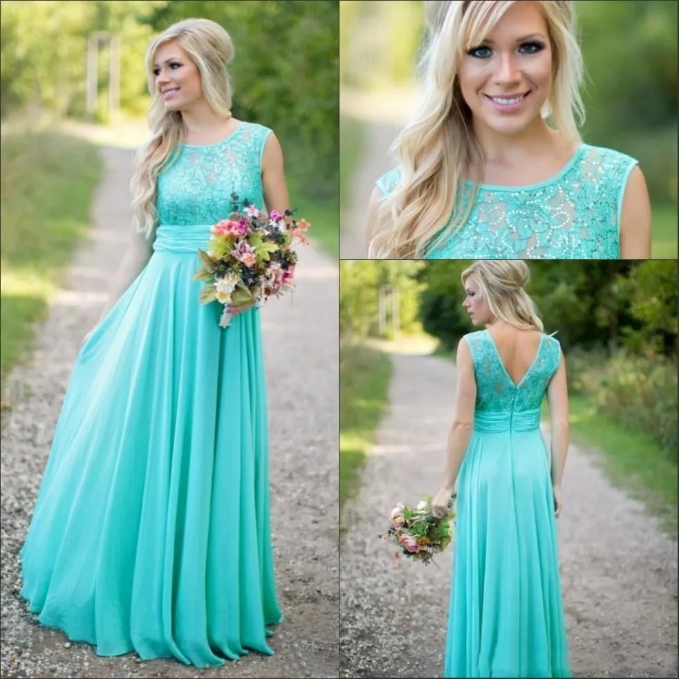 Neue blaugrüne Landbrautjungfernkleider schaufeln eine Linie Chiffon Lace v Backless Lange billige Brautjungfern Kleider für Hochzeit 268n