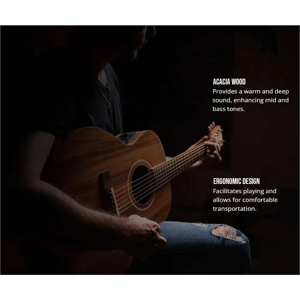 Bamboo Acoustic Electric Guitar Travel Acacia 38 Complete Beginner Kit for Adults and Teens - Gig Bag, Pick, Tuner, Strings, Capo, Strap, Pickguard, Truss Rod Key