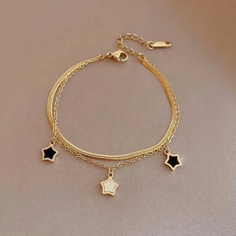 Layered Star Charm Bangle Bracelet Stainless Steel Golden Retro_voghion.com
