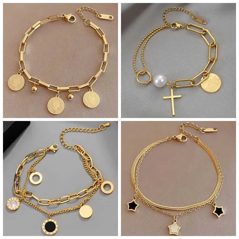 Bangle MEYRROYU Stainless Steel Layered Golden Pendant For Women Retro Punk Gothic Portrait Coin Cross Pearl Bracelet_voghion.com