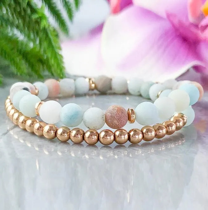 MG1065 Amazonite och Rose Gold Hematite Wrap Armband Dainty Bohemian Gemstone Armband Natural Anxiety Relief Stacking Armband4262012