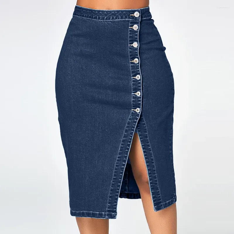 Kjolar kvinnor denim blyerts kjol mode hög midja knälängd främre split jeans med knapp sommar wrap höft trend bottnar