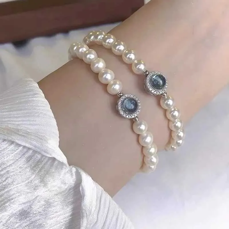 Perlearmbånd med blå edelsten retro armbånd til dame gave_voghion.com