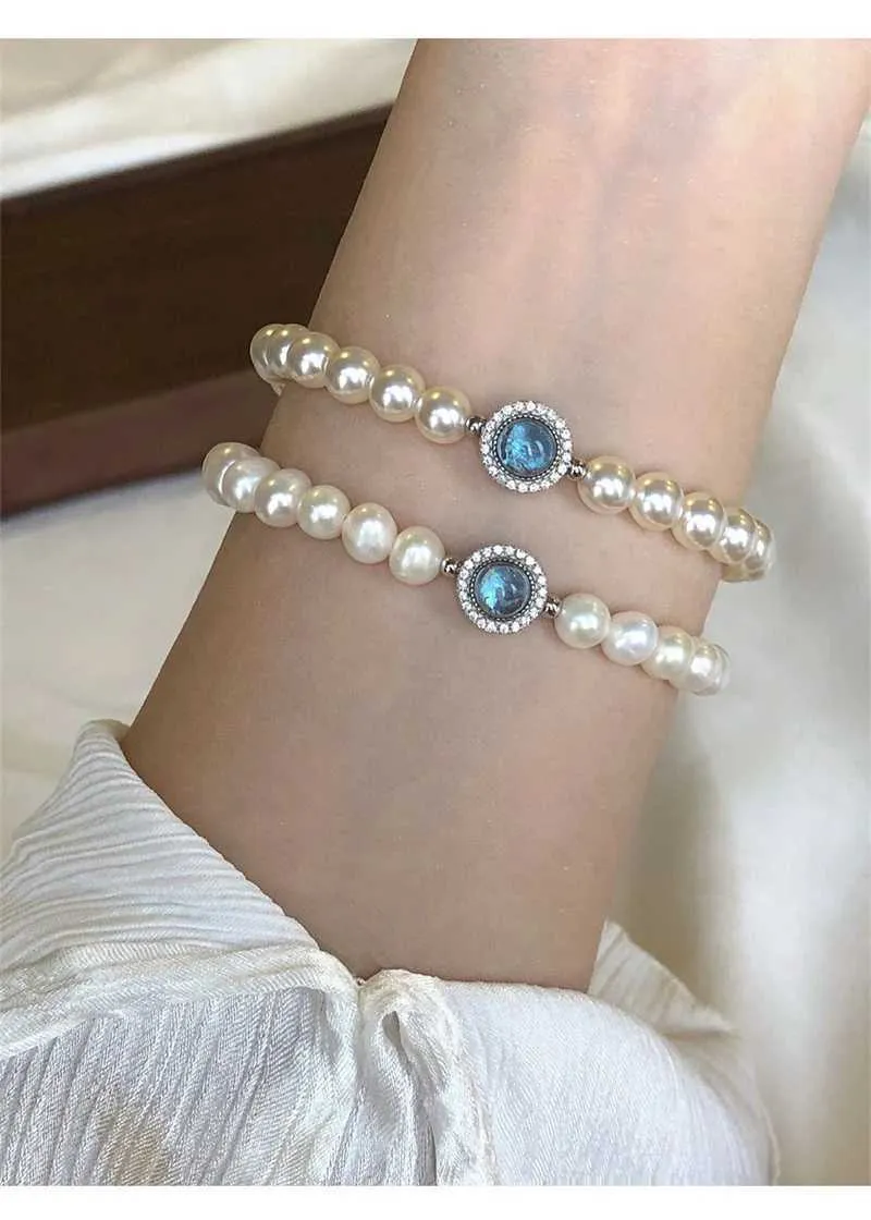 Bangle Elegant Aquamarine Gemstone Zircon for Women Round Sier Color Rhinestone Pearl Bracelets Wedding Jewelry Gift_ipsvogv.com