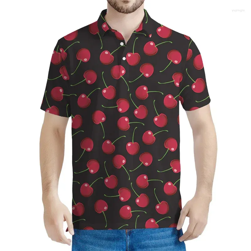 Men's Polos Cherry Blossom Pattern Polo Shirt Men Fashion Summer 3D Printed Fruit Tee Shirts Women Button Short Sleeves Lapel T-Shirts