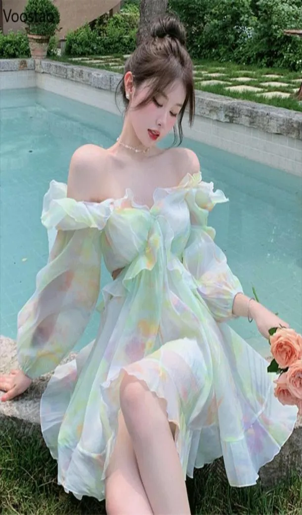 Frankrijk Zoete Tiedyed Fairy Dress Women Elegante chique ruches vneck lange mouw prinses jurken vrouwelijk Casual Beach Vestidos 20234319066