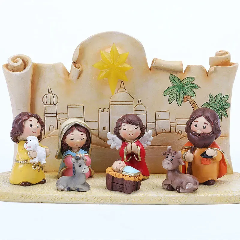 Miniatures Religieuses Nativité Scène Group de crème Jésus Child Doll Decoration Decoration Catholic Gift Grand Crible de Noël Figure de Noël DÉCOR HOME