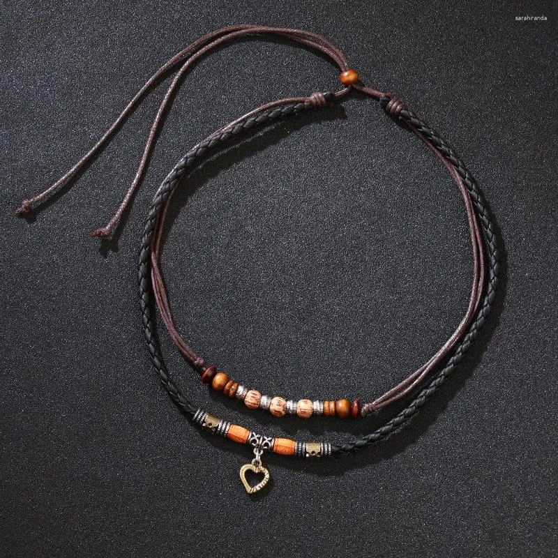 Chaines Vintage Petit coeur creux Charme en cuir tressé Perles en métal faits à la main Boho superproduits femmes Bijoux de collier pour hommes