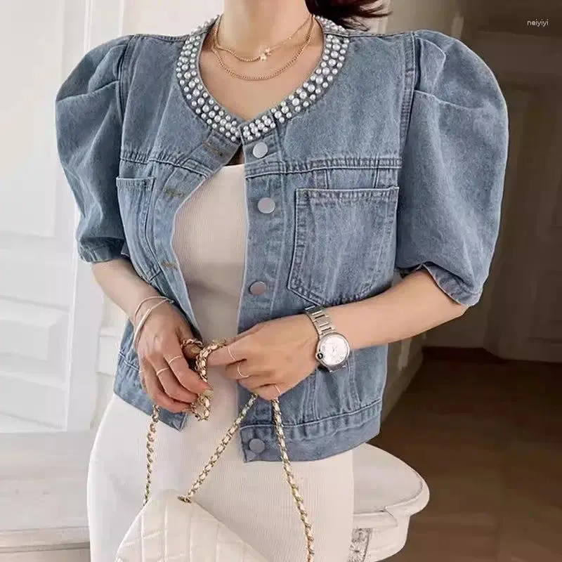 Kvinnors jackor koreanska retro runda halsbockad design denim jacka kort lös och mångsidig bubbla ärm jeansrock sommarstopp K674