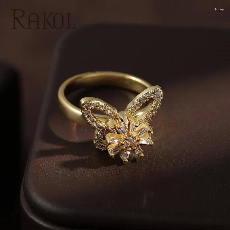 Anelli a grappolo rakol Luxury Hollo Cavo Fly Ruota per donne squisite anello di colore in oro zircone lucido abbigliamento quotidiano gioielli