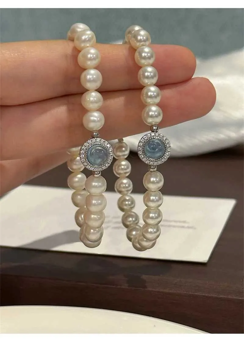 Bangle Elegant Aquamarine Gemstone Zircon for Women Round Sier Color Rhinestone Pearl Bracelets Wedding Jewelry Gift_ipsvogv.com