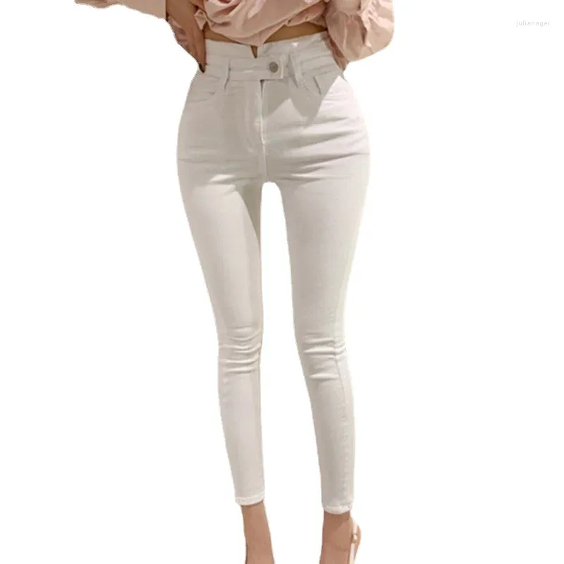 Kvinnors jeans 2024 varumärke kvinnor modebyxor hög midja chic mager blyerts ankellängd vit sexiga byxor kläder
