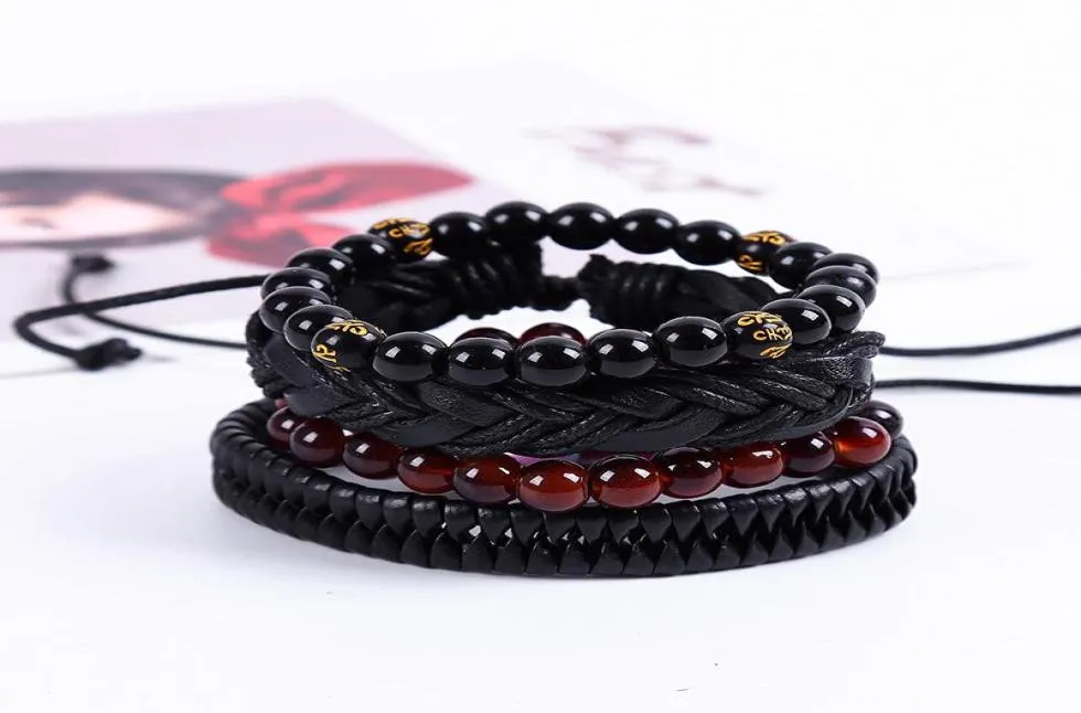 Fili di perline da 8 mm Bracciale da 4 pezzi da 4 pezzi per uomini fatti a mano in pelle tessuta a mano Braclot multistrato multistrato braraggio antico braslet hombr3499439